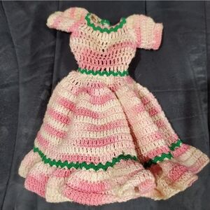 Hand Crocheted Pink, White & Green Trim Barbie Doll Dress *NO DOLL* Vintage